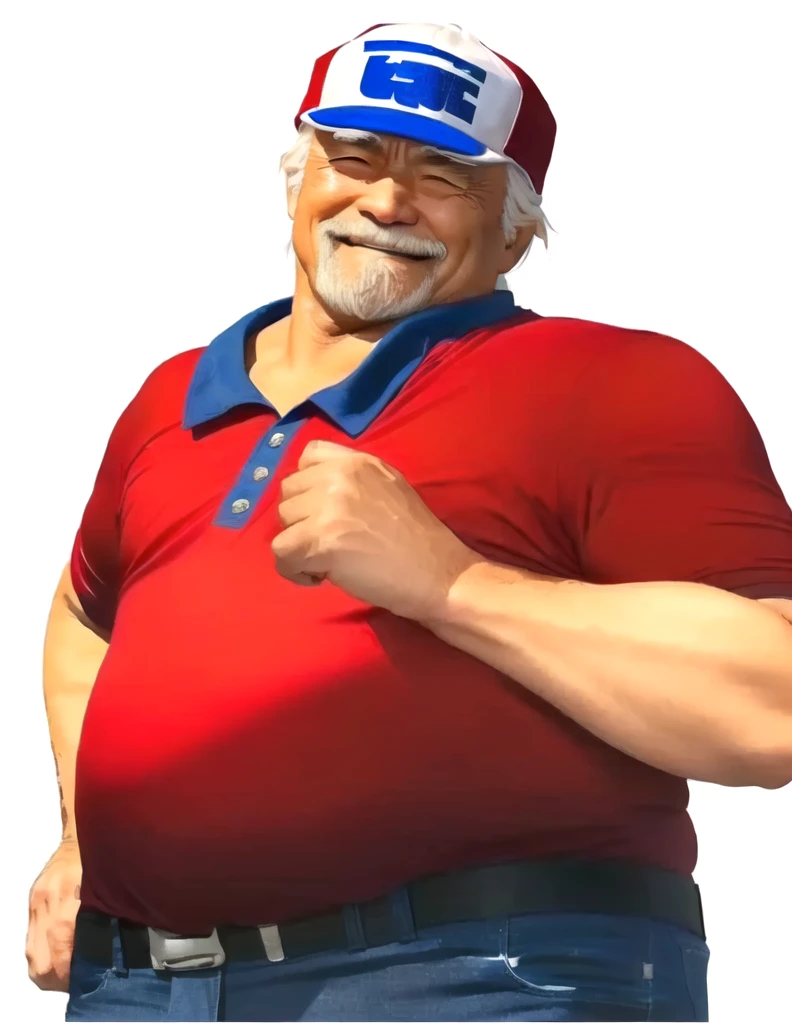 a close up of a man wearing a red shirt and blue jeans, as a character in tekken, beefy, realistic textures, toshiro mifune with a goatee, best friend smiling at you with encouragement, Out Run 2 flagman, 2 k, 2k, muscular bernie sanders, buff man, character from king of fighters, robust stocky body, hide the pain harold, name of character is flagman, wise face, his cap has a SEGA logo on it