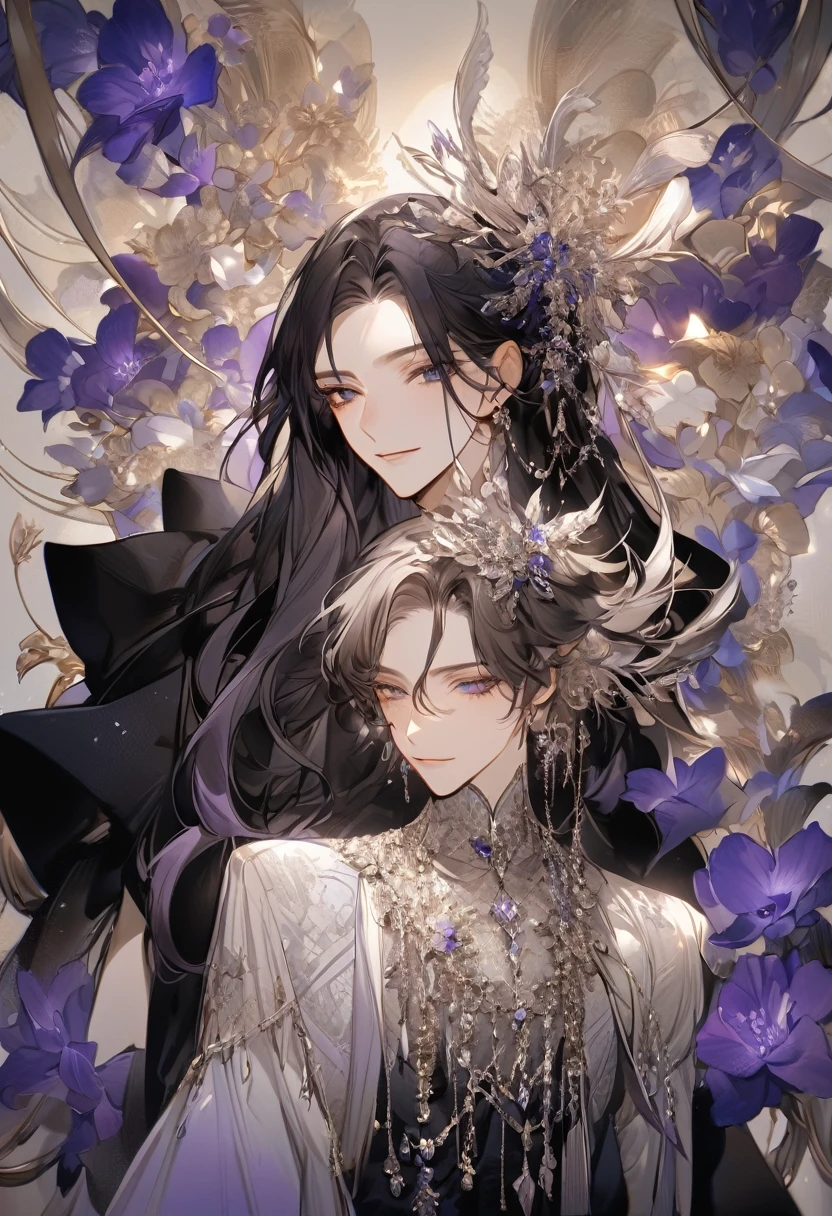 Feminine boy, soft womanish facial features, smile, squinted siren dark blue eyes without glare, silver and dark purple long loose hair with straight bang, fantasy black clothes with blue and purple elements, long black gloves, model, gorgeous, elegant, lots of silver jewelry, flowers in his hair, skinny body