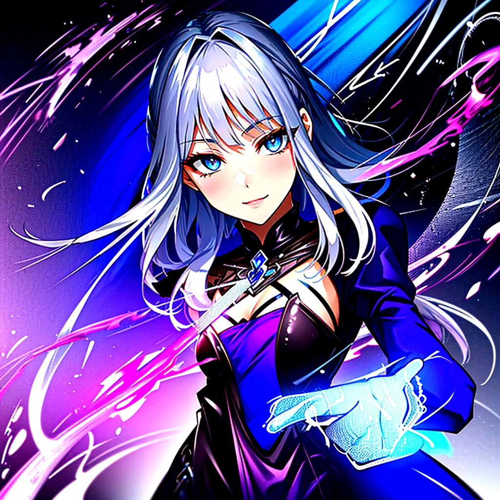 Guy, beautiful facial features, smile, squinted siren dark blue eyes without glare, silver and dark purple long hair with straight bang, fantasy black fit clothes with blue and purple elements, long black gloves, model, gorgeous, elegant, lots of silver jewelry, flowers in his hair, full body