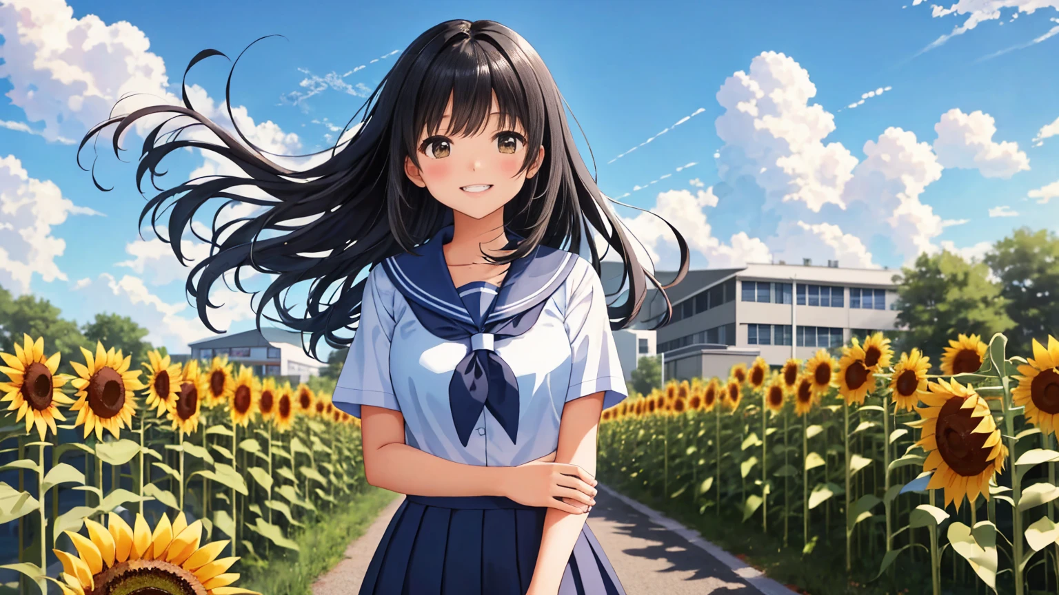 A large schoolyard in midsummer、The background is a summer blue sky, cumulonimbus clouds and sunflowers.、A shot of a high school girl、She is wearing a summer uniform with a checked skirt.、Her long black hair is blowing in the wind.、She is looking up at the sky in a cute pose with a refreshing smile of youth.。