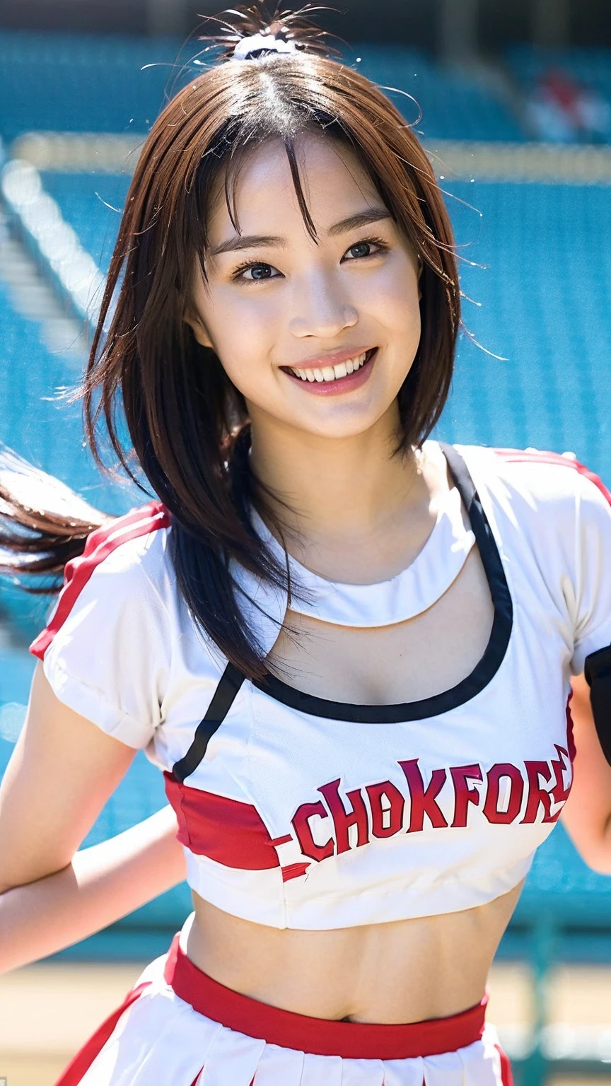 A beautiful Japanese girl、(Cheerleading Costumes),dance、(White skin)、Baseball stadium stands,Large Breasts、Separated chest、Bob Hair、smile、whole body、Thighs、bangini skirt、Cleavage