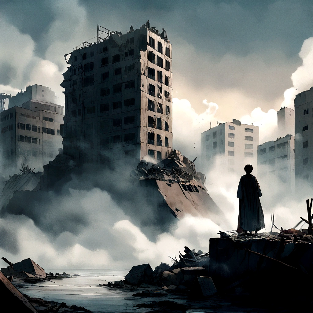 Create a landscape image suitable for the cover of a YouTube music video, A young Palestinian wearing worn-out traditional clothes cries under the rubble. Little model crying, Tears seem to be flowing. Show water against the background of destroyed buildings marked by fog and smoke, A tense atmosphere appears. (8 kilos, cinematographic, real, And detailed, to focus)