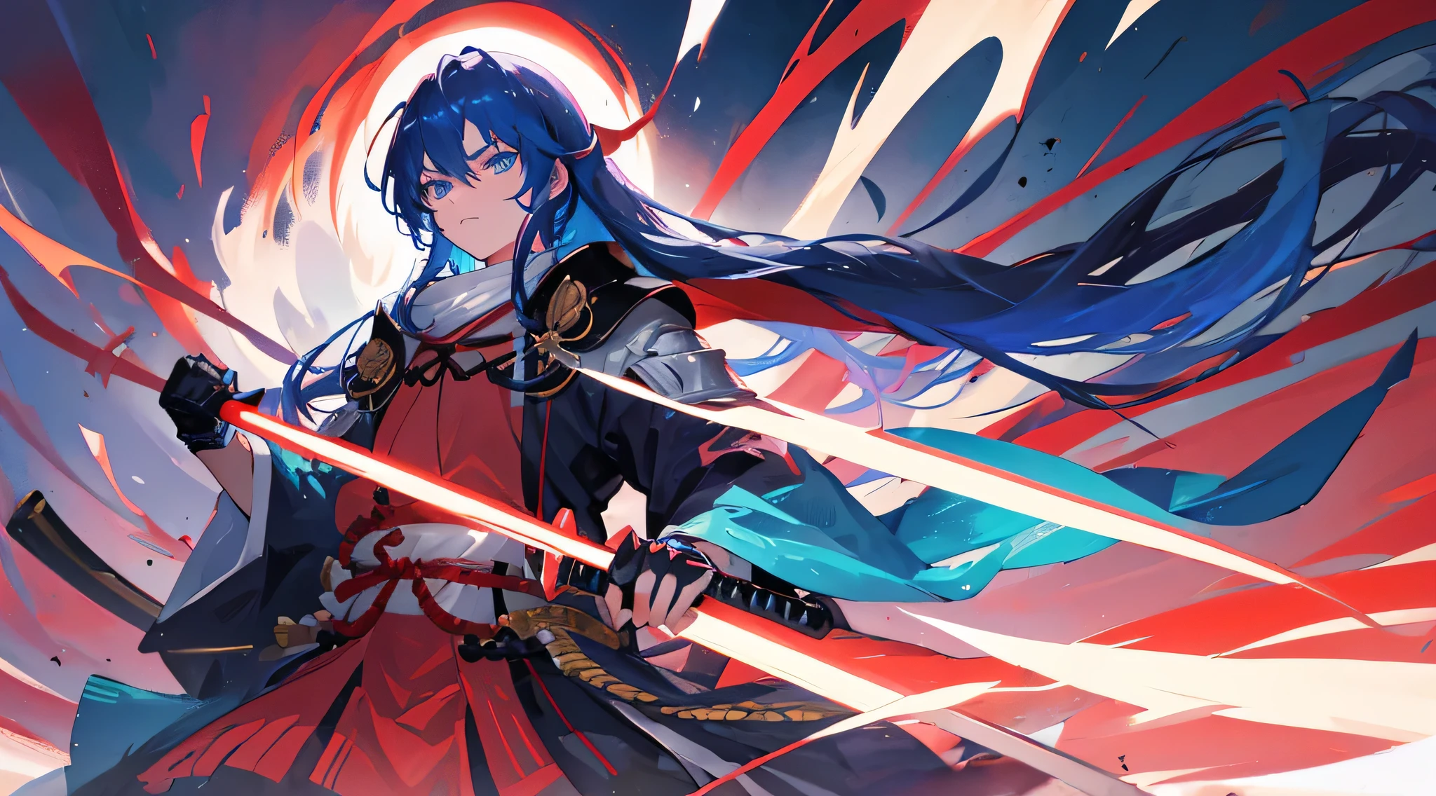 create me an anime character ,long hair, blue colored eyes, long sword with red edge, samurai outfit 