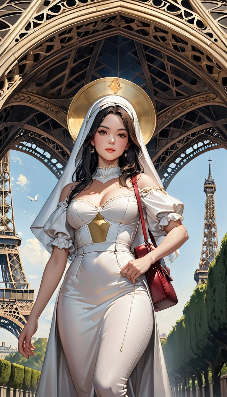 A beautiful ultra-thin Realistic portrait of the Virgin Mary, White outfit with blue details, ((Divinity)), whole body, Biblical, Realistic, Intricate details, Abbott Fuller Graves, Bartholomew Esteban Murillo, JC Leyendecker, Craig Mullins, Peter Paul Rubens, (Caravaggio), Art Station Trends, 8K, Concept Art, Fantasy art, PhotoRealistic, Realistic, shape, Oil, Surrealism, HyperRealistic, Brush Brush, Digital Art, style, watercolor, A woman takes a model photo underneath an Eiffel Tower-style tower, Detailed Tower Images, From below:1.3, Black Hair, semi-long, stylish, Shoulder bag, ((Clothes that highlight your sexy body lines)), ((Shoulder bagのベルトが胸の谷間にたすき掛けで挟まれている)), A woman&#39;s chest with her large breasts highlighted by a belt digging into her cleavage, Looking down at the viewer, Elegantly photographing a woman&#39;s lower body, ((Woman&#39;s groin to thighs, Beautifully expresses the body line of the calf)), ((Expression from directly below to make legs look long and slender))