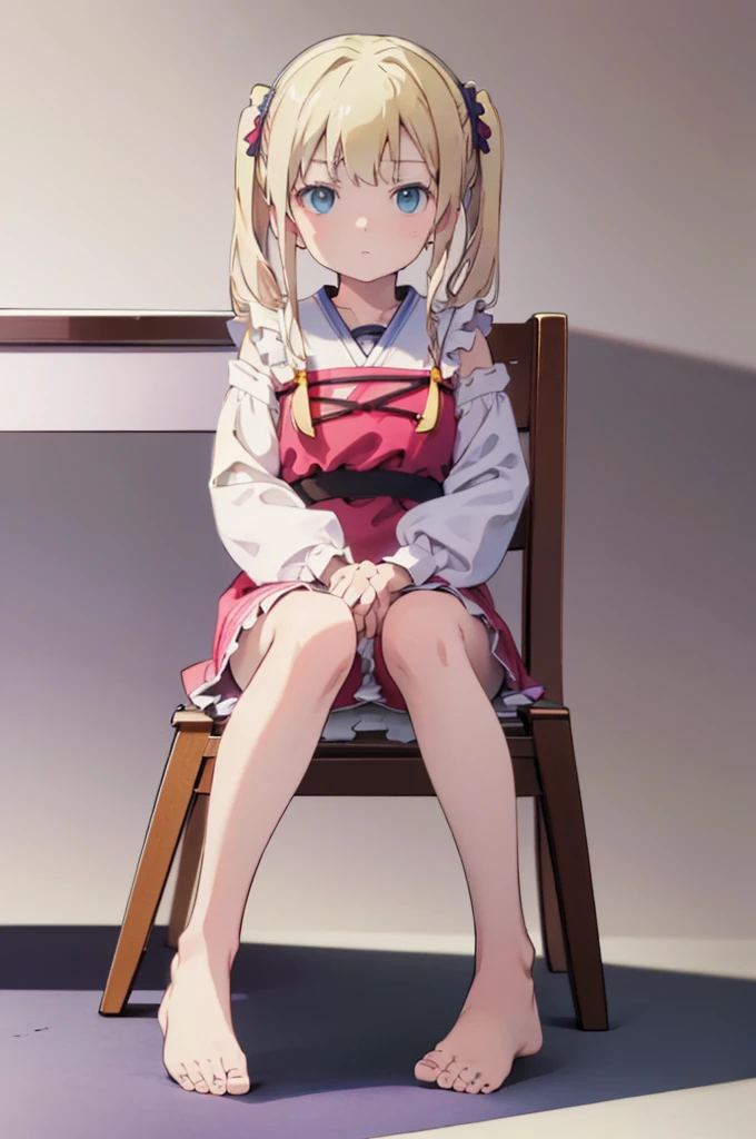 ((masterpiece))((Highest quality))Sitting in a chair、Blonde twin tails、(So that your whole body can be seen)、Directly in front、No background、(Put your feet on the ground)