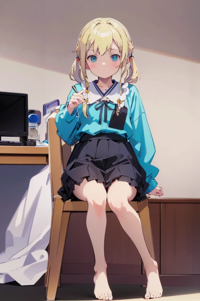 ((masterpiece))((Highest quality))Sitting in a chair、Blonde twin tails、(So that your whole body can be seen)、Directly in front、No background、(Put your feet on the ground)