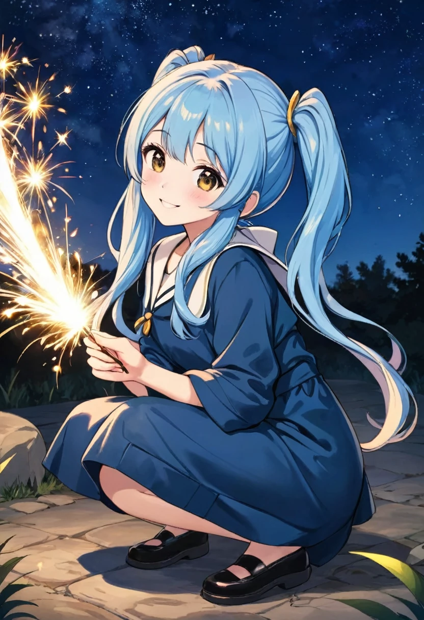 Campfire、One girl,Nice face,Dark Eyes、Light blue long hair、Beautiful girl with twin tails,Crouched down holding a sparkler and watching the sparks fly、Bright smile、Warm and soft lighting,Night Sky,Starry Sky