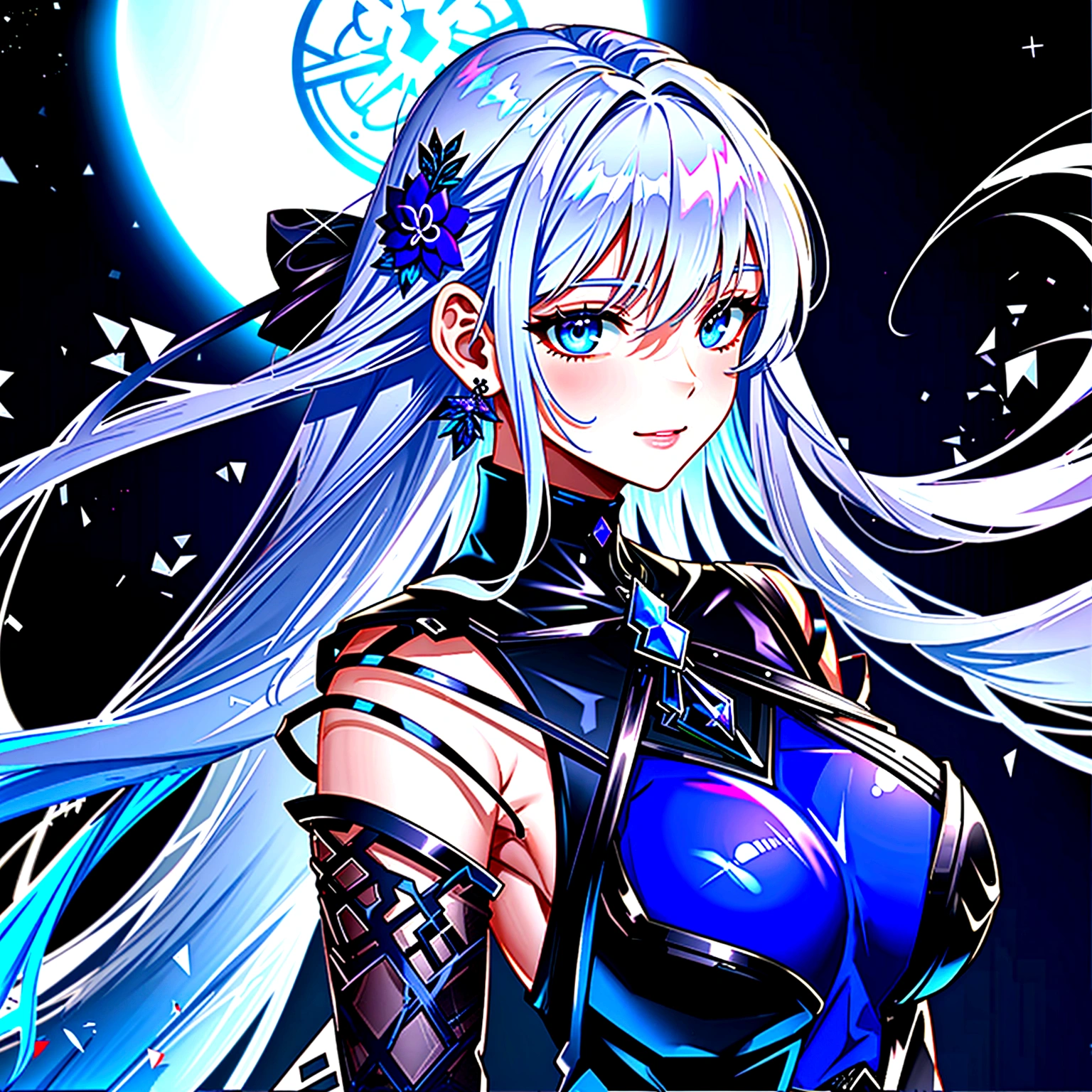 Guy, beautiful facial features, smile, squinted siren dark blue eyes without glare, silver and dark purple long hair with straight bang, fantasy black fit clothes with blue and purple elements, long black gloves, model, gorgeous, elegant, lots of silver jewelry, flowers in his hair, full body
