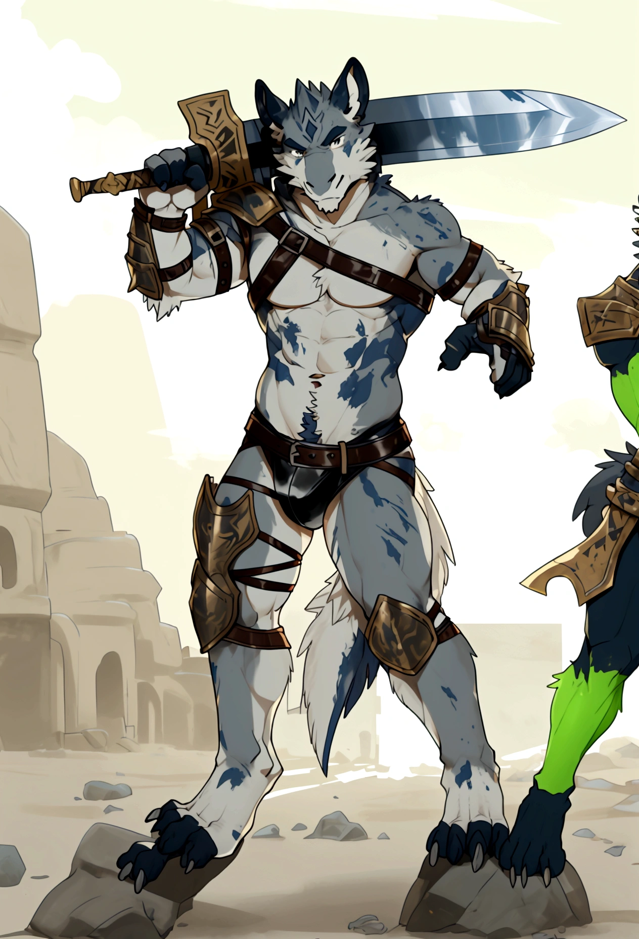 Solo Sexy young anthro scalie dragon male mercenary medieval solider, slim endomorph muscular, anthro handsome gay shorter muzzle, handsome gay model male apperance, sword scars, worn out leather skimpy armament, low on hips heavy leather belt, old very worn out skimpy dirty linen material jockstrap, old yellow dirty worn out stains on white sawn jockstrap, very visible "x" brown seam pattern on the jockstrap, studded skimpy armlets breastplate armor, skimpy breastplate, leather bondages, fingerless leather gloves, smelly unwashed husk, dirty body look, desert battlefield, standing in sexy fighting position, close view of full character