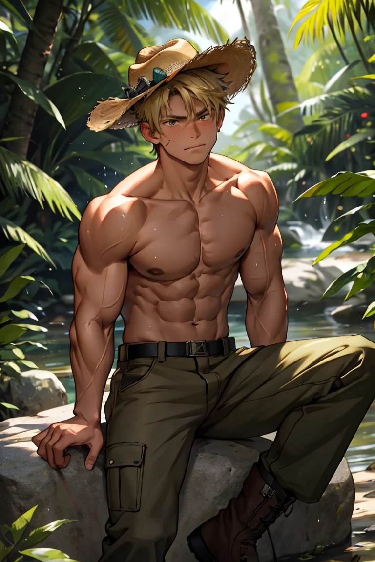 (masterpiece, Best quality boy,Shota), 1 boung, huge muscles,Slightly modify the abdominal contour, Short blonde hair, wearing a cowboy hat,brown eyes, complicated, Rainforest, Muscles sparkle in the sun,Topless,Wearing khaki adventure pants,outdoor adventure boots,pained expression,bite lip, bright colors,(depth of field:1.2),looking at the audience, sit on stone, hyper muscle