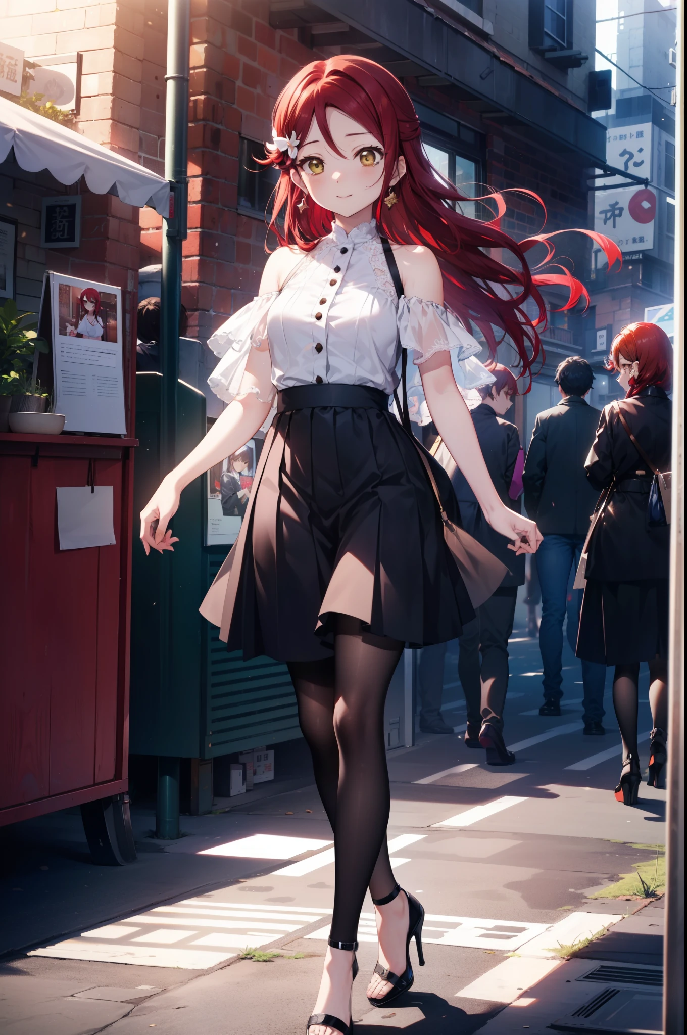 rikosakurauchi, Riko Sakurauchi, (Brown eyes:1.5), Hair between the eyes, Long Hair, (Redhead:1.5), (Small breasts:1.2), smile,Cold Shoulder Shirt,Short sleeve,Long skirt,Black pantyhose,Stiletto heels,The sun is rising,morning,morning陽,Walking,So that the whole body goes into the illustration,
break looking at viewer, 全身
break outdoors, Building district,
break (masterpiece:1.2), Highest quality, High resolution, unity 8k wallpaper, (figure:0.8), (Beautiful attention to detail:1.6), Highly detailed face, Perfect lighting, Highly detailed CG, (Perfect hands, Perfect Anatomy),