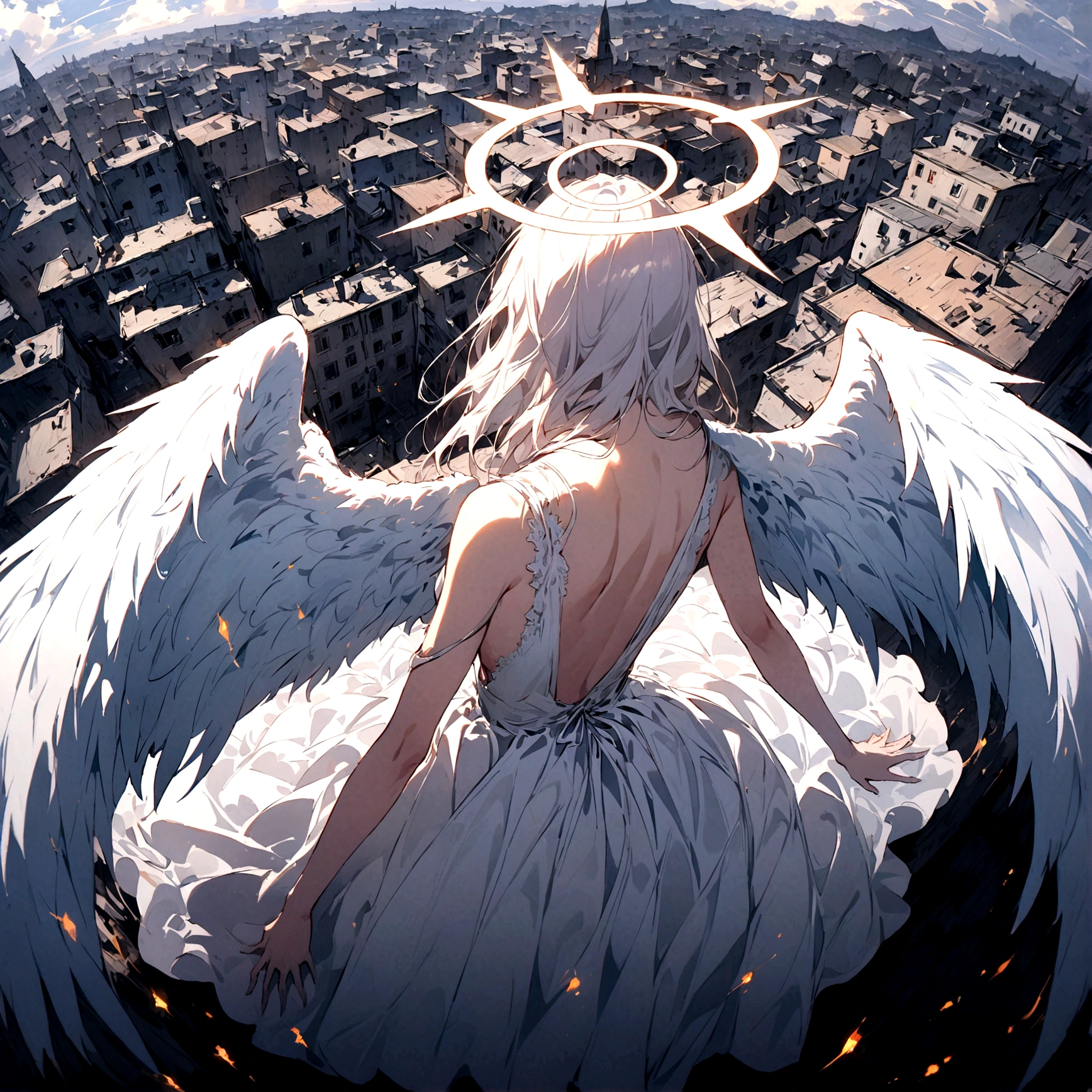 
one (Back view:1.5) A very beautiful female angel\(Long platinum hair, wide back white dress,(From her chest hangs big, beautiful angel wings.),Very beautiful shining halo\), She has her arms wide open as if asking for help., She&#39;s on the clouds、Looking down at the world below, Fierce war\((Lots of sparks and fire), fail, Fighter, Many buildings collapsed, Nature is destroyed, Magnificent and spectacular views\) It&#39;s happening under the clouds, BREoneK ,quality\(8K,Highly detailed CG unit wallpaper, masterpiece,High resolution,top-quality,top-quality real texture skin,surreal,Increase the resolution,RoneW photos,highest quality,Very detailed,wallpaper,Cinema Lighting,Ray-tracing,Golden Ratio\),[Browsing Caution],Dynamic Angle,[Browsing Caution],From above