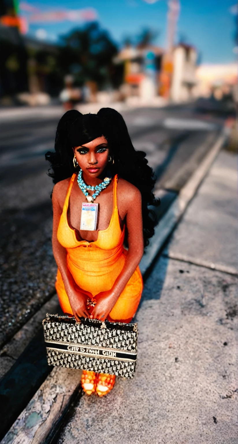 there is a woman sitting on the curb with a purse, dark-skinned, doja cat, dark skinned, epic 3 d oshun, plastic doll, inspired by David LaChapelle, cardi b, masterpiece work of art, medium, steven klein, hyper realistic”, hyper realistic ”, by Milton Menasco, beautiful city black woman only, 1 9 9 9