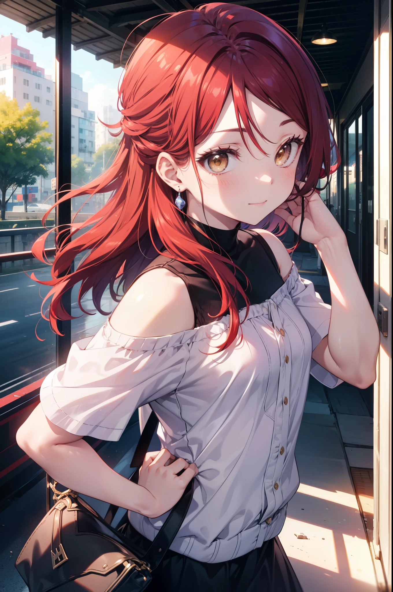 rikosakurauchi, Riko Sakurauchi, (Brown eyes:1.5), Hair between the eyes, Long Hair, (Redhead:1.5), (Small breasts:1.2), smile,Cold Shoulder Shirt,Short sleeve,Long skirt,Black pantyhose,Stiletto heels,The sun is rising,morning,morning陽,Walking,So that the whole body goes into the illustration,
break looking at viewer, 全身
break outdoors, Building district,
break (masterpiece:1.2), Highest quality, High resolution, unity 8k wallpaper, (figure:0.8), (Beautiful attention to detail:1.6), Highly detailed face, Perfect lighting, Highly detailed CG, (Perfect hands, Perfect Anatomy),