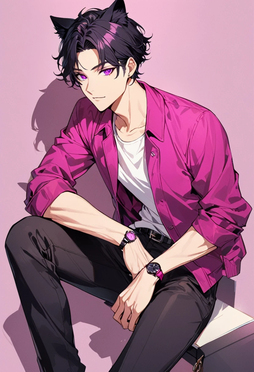 1man, short black hair, black cat ears, bright magenta eyes, wearing a magenta casual jacket, wearing a white undershirt, wearing black pants , wearing o vintage magenta watch, showing watch.