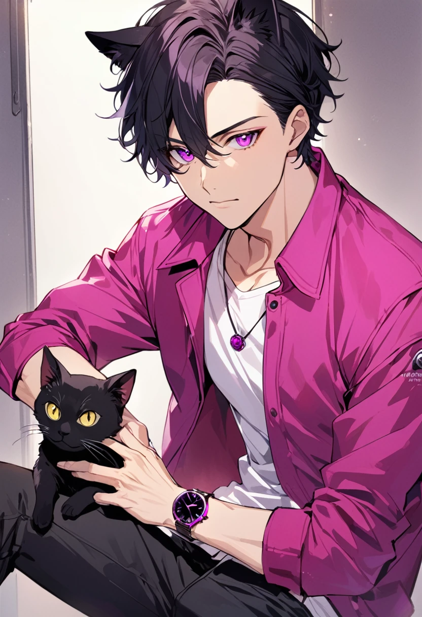 1man, short black hair, black cat ears, bright magenta eyes, wearing a magenta casual jacket, wearing a white undershirt, wearing black pants , wearing o vintage magenta watch, showing watch.