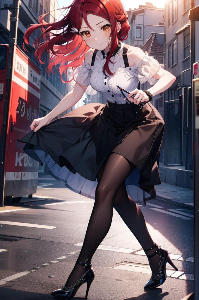 rikosakurauchi, Riko Sakurauchi, (Brown eyes:1.5), Hair between the eyes, Long Hair, (Redhead:1.5), (Small breasts:1.2), smile,Cold Shoulder Shirt,Short sleeve,Long skirt,Black pantyhose,Stiletto heels,The sun is rising,morning,morning陽,Walking,So that the whole body goes into the illustration,
break looking at viewer, 全身
break outdoors, Building district,
break (masterpiece:1.2), Highest quality, High resolution, unity 8k wallpaper, (figure:0.8), (Beautiful attention to detail:1.6), Highly detailed face, Perfect lighting, Highly detailed CG, (Perfect hands, Perfect Anatomy),