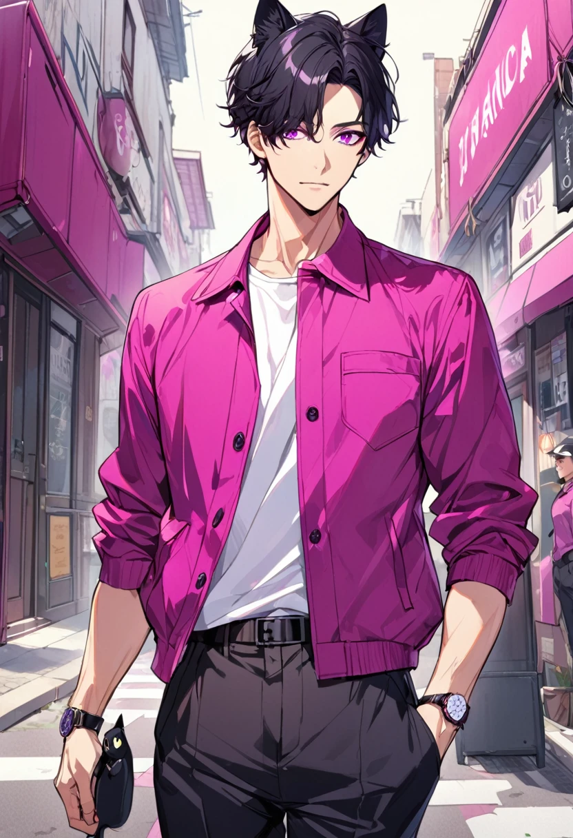 1man, short black hair, black cat ears, bright magenta eyes, wearing a magenta casual jacket, wearing a white undershirt, wearing black pants , wearing o vintage magenta watch, showing watch.