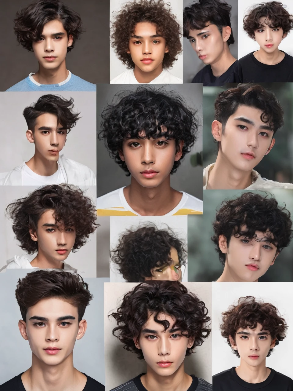 generate a boy Brazilian  with short curly hair, round face, square head, small nose, large lips, with a medium dark body, medium eyes, thick eyebrows
