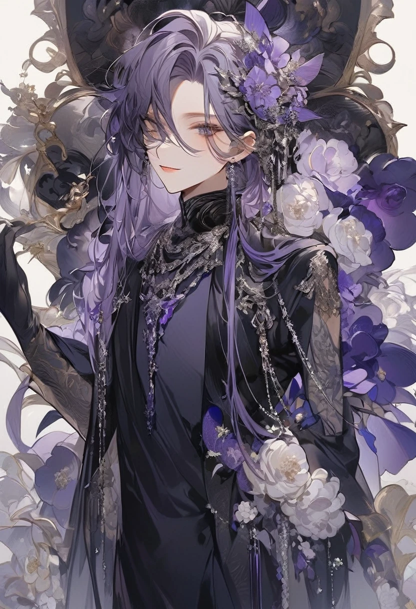 Feminine boy, soft womanish facial features, smile, squinted siren dark blue eyes without glare, silver and dark purple long loose hair with straight bang, fantasy black clothes with blue and purple elements, long black gloves, model, gorgeous, elegant, lots of silver jewelry, flowers in his hair, skinny body