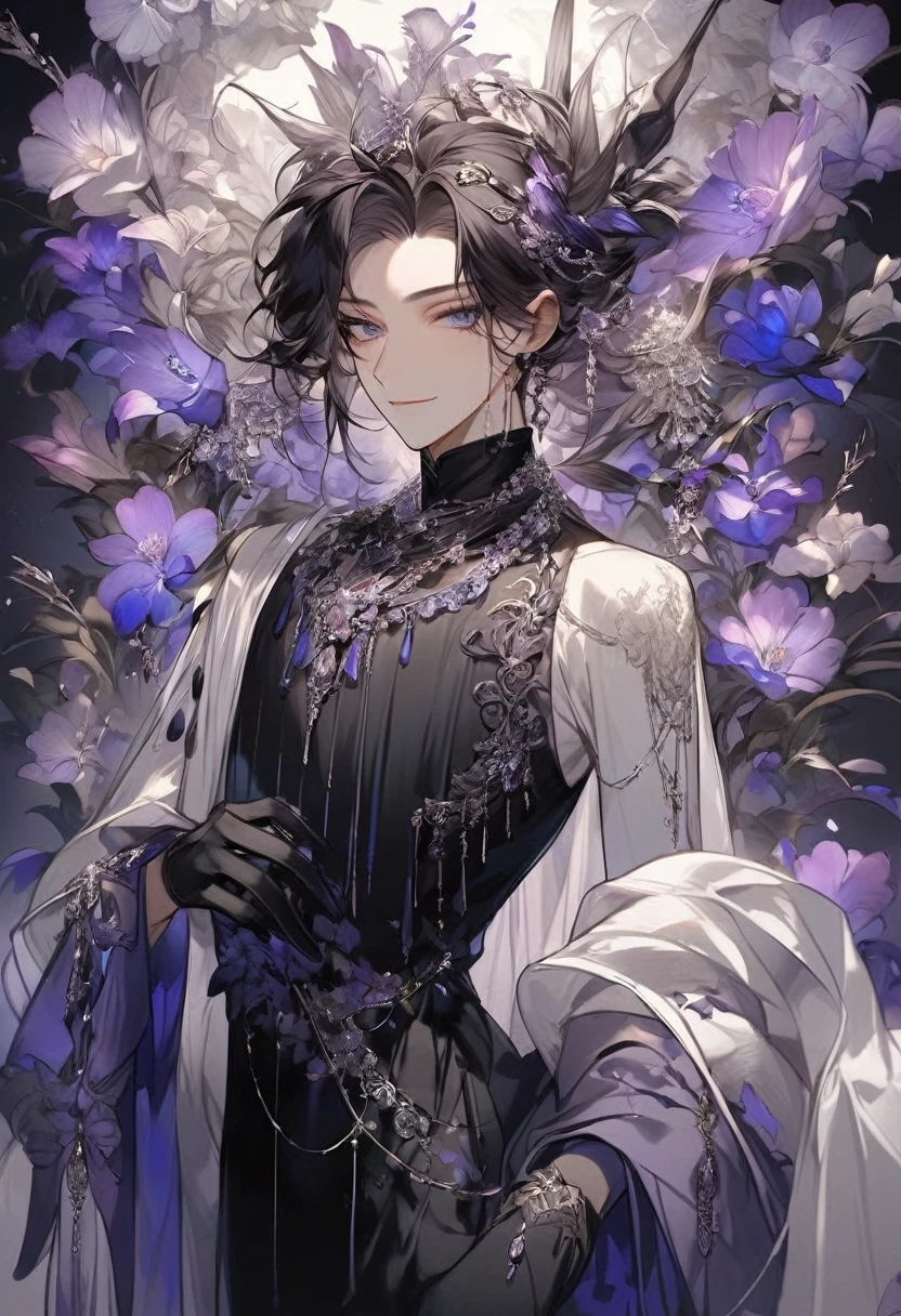 Feminine boy, soft womanish facial features, smile, squinted siren dark blue eyes without glare, silver and dark purple long loose hair with straight bang, fantasy black clothes with blue and purple elements, long black gloves, model, gorgeous, elegant, lots of silver jewelry, flowers in his hair, skinny body
