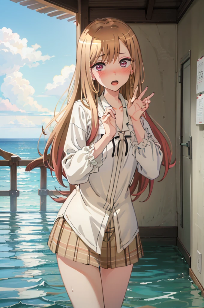 Light brown hair、bikini姿、エッチbikini姿、Random pose、bikini、Light brown hair、Semi-long hair、Pale red eyes、Random pose、Seaside Road、Sea view road、Blushing、Embarrassed expression、、Pale purple eyes、、Blushing、lipstick、Perfect hands、Detailed hands