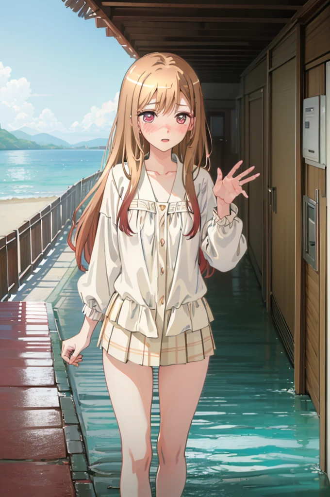 Light brown hair、bikini姿、エッチbikini姿、Random pose、bikini、Light brown hair、Semi-long hair、Pale red eyes、Random pose、Seaside Road、Sea view road、Blushing、Embarrassed expression、、Pale purple eyes、、Blushing、lipstick、Perfect hands、Detailed hands