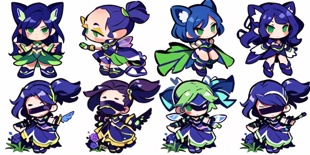 a close up of a cartoon character with different poses, spritesheet, sprite sheet, with familiar sprites, sprites, fairy girl, morgana, default pose neutral expression, twirling, sprite 2 d, shady, green fairy, smol,  multiple poses, cute chibi, kawaii