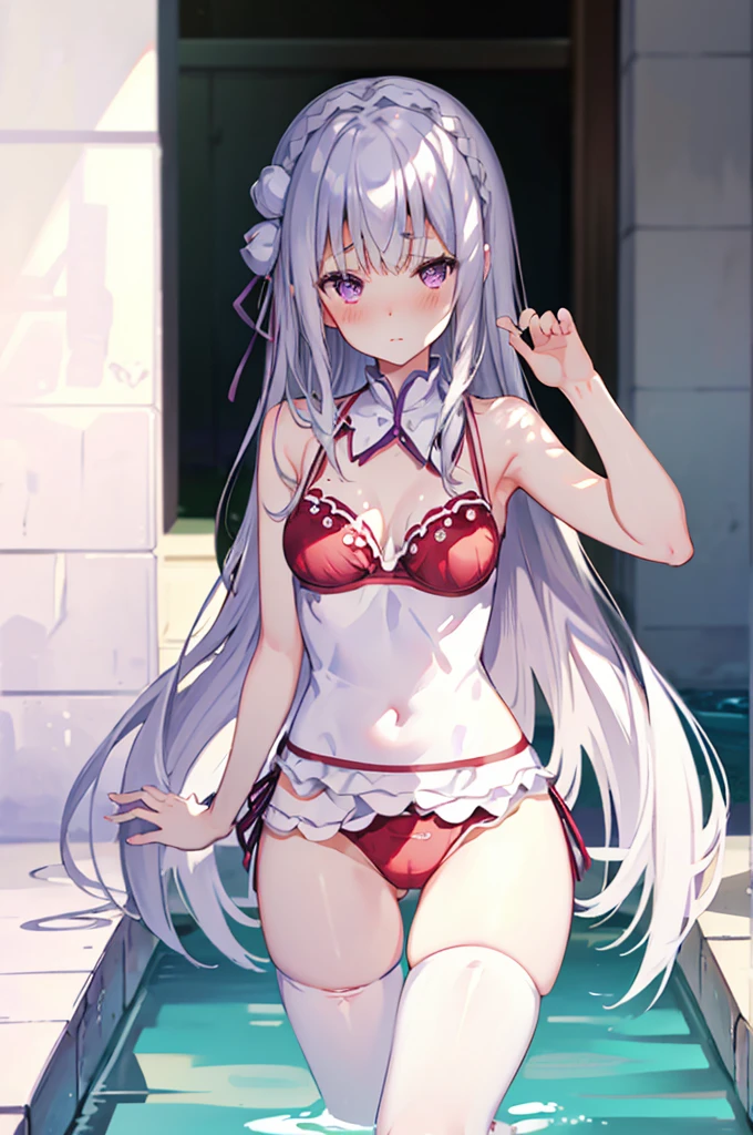 Red bikini、Sexy bikini、Random pose、Polka dot bikini、Red polka dot bikini、Light silver hair、Semi-long hair、Random pose、School swimming pool、Blushing、Embarrassed expression、、Pale purple eyes、、Blushing、lipstick、Perfect hands、Detailed hands、