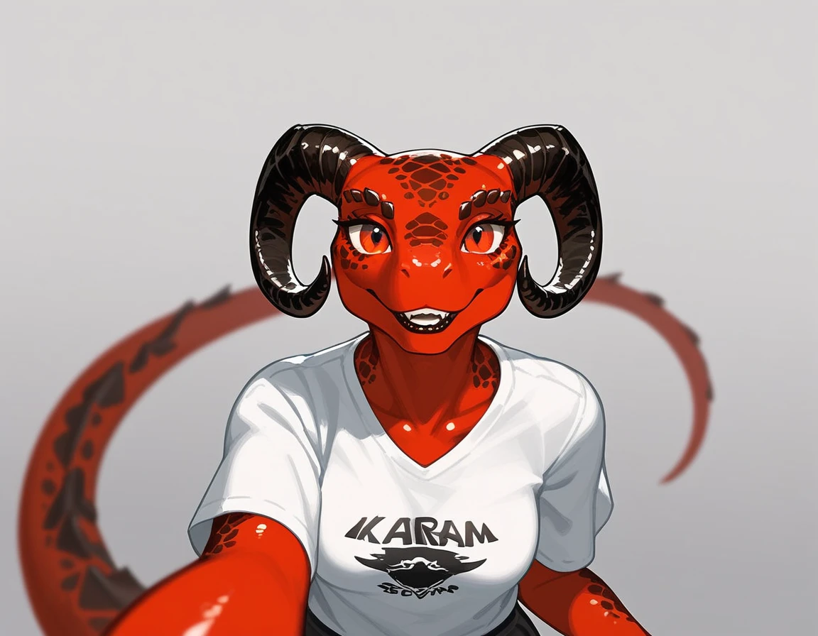 Solo, score_9,score_8_up,score_7_up, kemono style, Anthro Argonian female from skyrim, Anthro reptile girl, snout, red scaled skin, red eyes, black lips, black horns, black ram horns, athletic body, smiling, wearing brown laced shirt, pov, pov she is holding viewers face, pov she is holding viewer, simple grey background