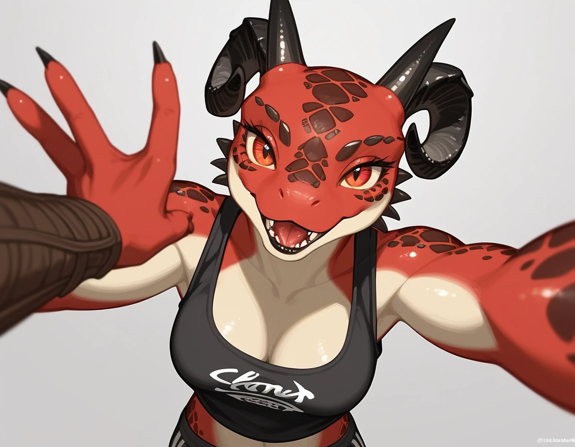 Solo, score_9,score_8_up,score_7_up, kemono style, Anthro Argonian female from skyrim, Anthro reptile girl, snout, red scaled skin, red eyes, black lips, black horns, black ram horns, athletic body, smiling, wearing brown laced shirt, pov, pov she is holding viewers face, pov she is holding viewer, simple grey background 