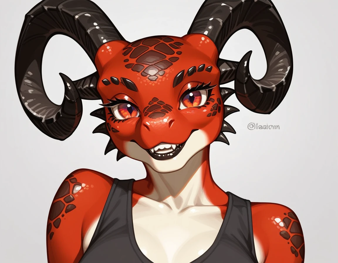 , score_9,score_8_up,score_7_up, anthro Argonian female from skyrim, kemono style, Anthro reptile girl, snout, all red skin, some black scales, red eyes, black lips, black horns, black ram horns, red tail, black lips, baked, barefoot, 5 toes, lying on a bedroll, on her tummy, feet up, feet visible, inside of a large tent, seductive, pov, pov blowjob, she is sucking viewers cock