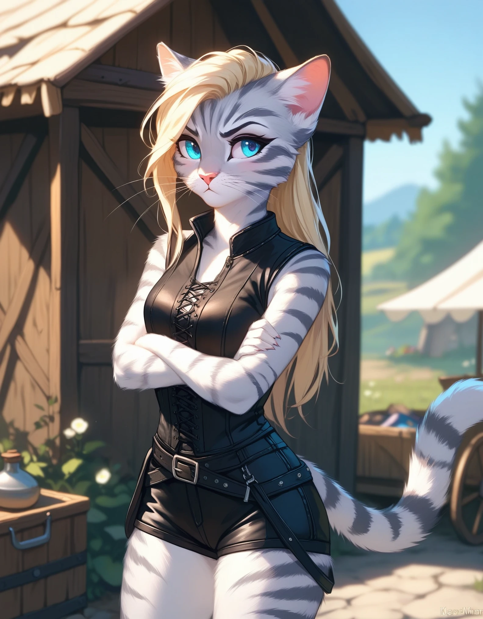 Solo, score_9,score_8_up,score_7_up, source_furry, kat, Anthro furry feline, female, tall slender body, long blonde hair, undercut hair, pink nose, :3, blue eyes, white whiskers, silver fur, grey stripes, furry body, wearing black cloth vest, black leather medieval vest, black short shorts, adventuring gear, standing, outdoors, pouting, arms crossed, looking away, at a campsite, seductive stance