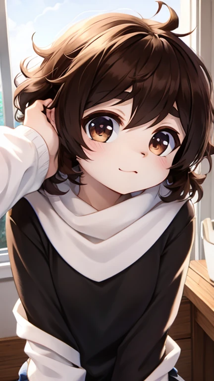  white with dark brown curly hair, brought  