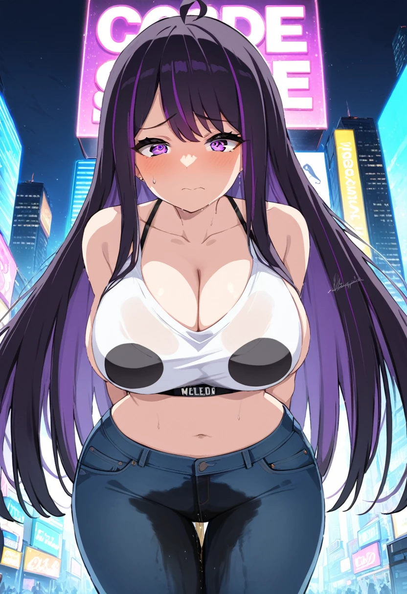 (masterpiece:1.37), best quality, (extremely detailed:1.37), woman, (mature:1.5), (adult:1.5), large breasts, very long hair, (straight hair:1.5), dark purple hair, purple eyes, (extremely detailed eyes:1.37), crop top, cleavage, navel, cleft of Venus, jeans, desperation, (wetting self:1.5), standing, embarrassed, humiliation, blushing, angry, city, futuristic, neon lighting, high-tech, street, skyscraper