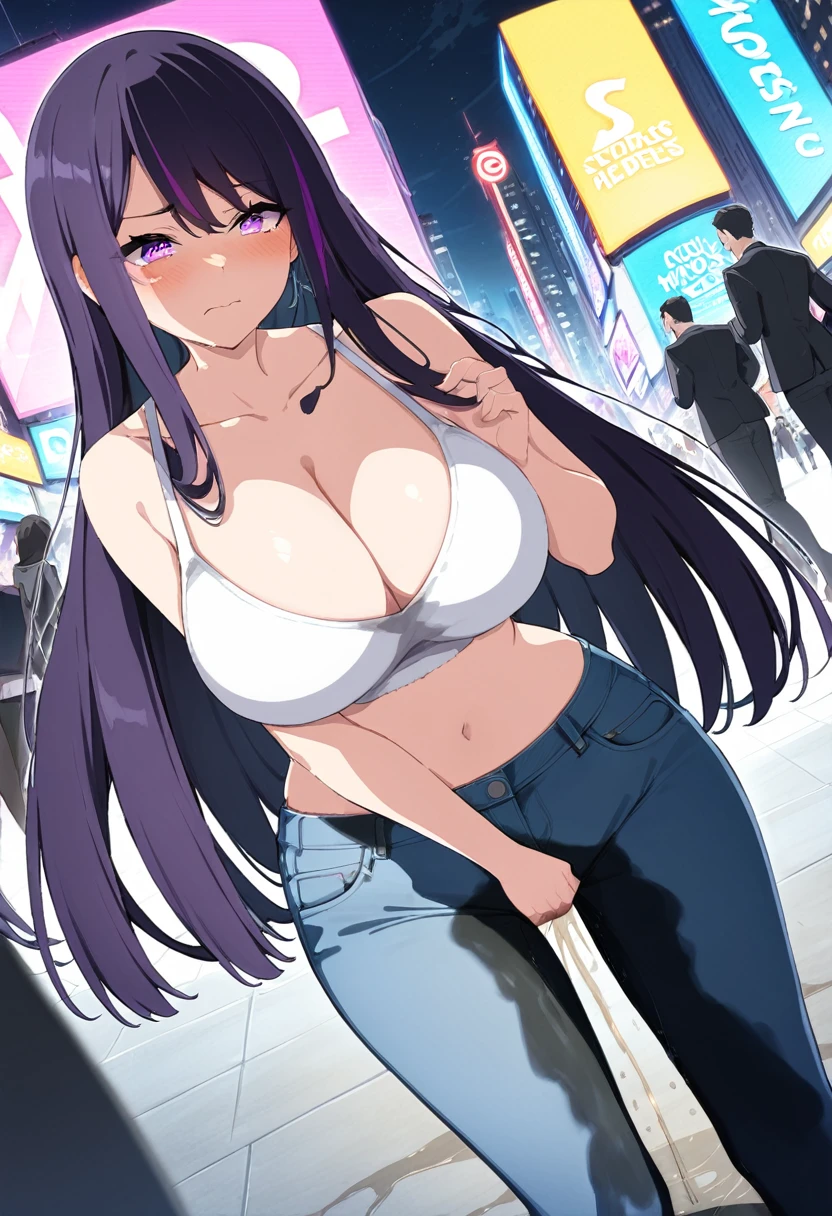 (masterpiece:1.37), best quality, (extremely detailed:1.37), woman, (mature:1.5), (adult:1.5), large breasts, very long hair, (straight hair:1.5), dark purple hair, purple eyes, (extremely detailed eyes:1.37), crop top, cleavage, navel, cleft of Venus, jeans, desperation, (wetting self:1.5), standing, embarrassed, humiliation, blushing, angry, city, futuristic, neon lighting, high-tech, street, skyscraper