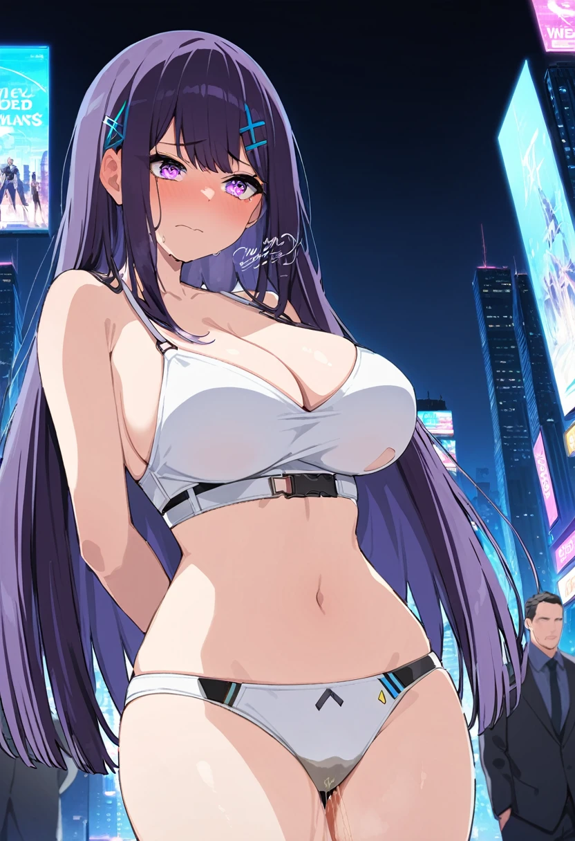 (masterpiece:1.37), best quality, (extremely detailed:1.37), woman, (mature:1.5), (adult:1.5), large breasts, very long hair, (straight hair:1.5), dark purple hair, purple eyes, (extremely detailed eyes:1.37), crop top, cleavage, navel, cleft of Venus, jeans, desperation, (wetting self:1.5), standing, embarrassed, humiliation, blushing, angry, city, futuristic, neon lighting, high-tech, street, skyscraper