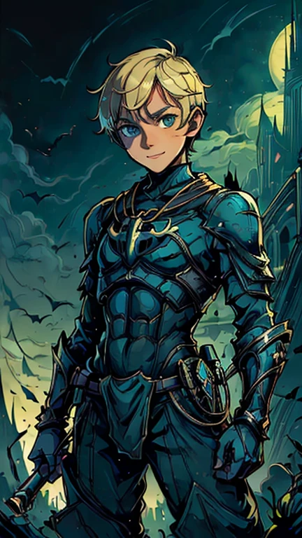 best quality,masterpiece,1boy,solo,(((13years old))),african boy,an extremely cute and handsome boy,highly detailed beautiful face and eyes,petit,cute face,lovely face,baby face,shy smile,show teeth, blonde hair, buzzcut hair,flat chest,skinny,slender(((wearing a Aqualad costume,))),(((Heroic pose in Dark Midnight Fantasy style Gotham castle))),he is looking at the viewer,