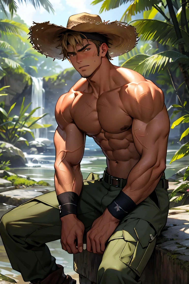 (masterpiece, Best quality 12 year old boy,Shota), 1 boy, adult, huge muscles, big body, Slightly modify the abdominal contour, Short blonde hair, wearing a cowboy hat,brown eyes, complicated, Rainforest, Muscles sparkle in the sun,Topless,Wearing khaki adventure pants,outdoor adventure boots,pained expression,bite lip, bright colors,(depth of field:1.2),looking at the audience, sit on stone, huge hyper muscle