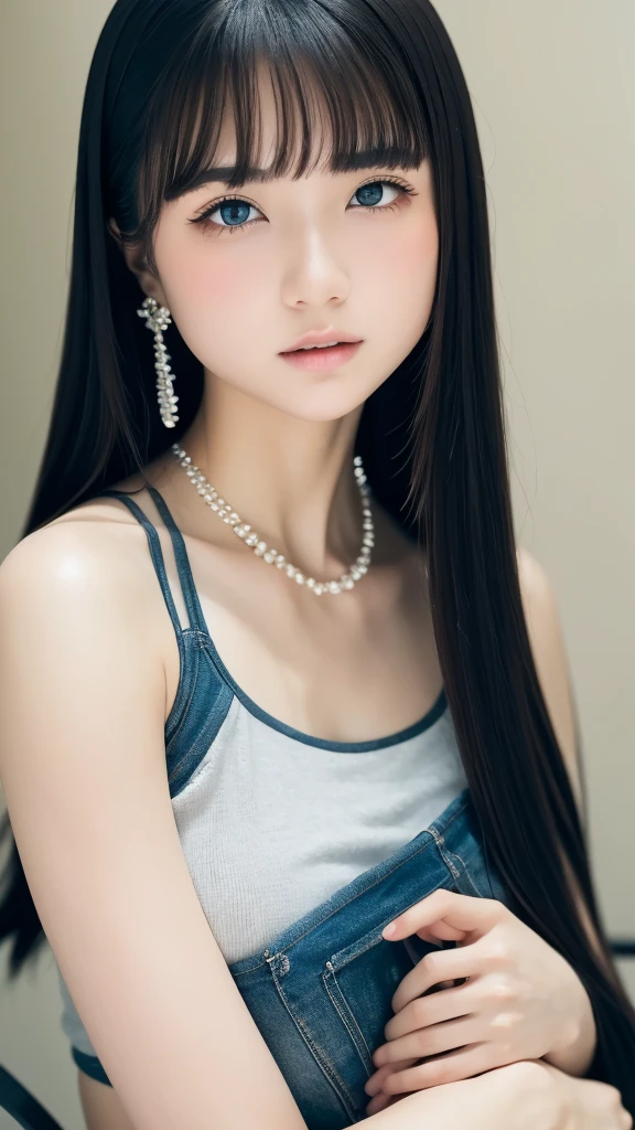 ((super high quality)), ((masterpiece)), low length, ((Black-haired woman, Long Hair)), (Silver earrings), (Silver necklace around the neck), (Beautiful cute face), (Beautiful female lips), Charm, ((Sexy look)), Looking at the camera, eyes are slightly closed, (Skin color: white), Body glare, ((Beautiful female eye in detail)), ((Beautiful grey eyes)), (Juicy female lips), (Beautiful female hands), (slightly plump figure, good), ((Perfect female figure)), Perfect female body, Beautiful waist, Gorgeous Hips, Beautiful small breasts, ((Delicate and beautiful)), Sit seductively in a chair (Face close-up), (Wearing black face jeans, white tanktop) background: In the kitchen ((Depth of written boundary)), ((High quality and clear images)), (Sharp details), ((Very detailed)), Realistic, Professional photography session, ((Clear focus)), anime