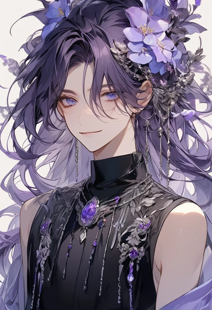 Feminine boy, soft womanish facial features, smile, squinted siren dark blue eyes without glare, silver and dark purple long loose hair with straight bang, fantasy black clothes with blue and purple elements, long black gloves, model, gorgeous, elegant, lots of silver jewelry, flowers in his hair, skinny body