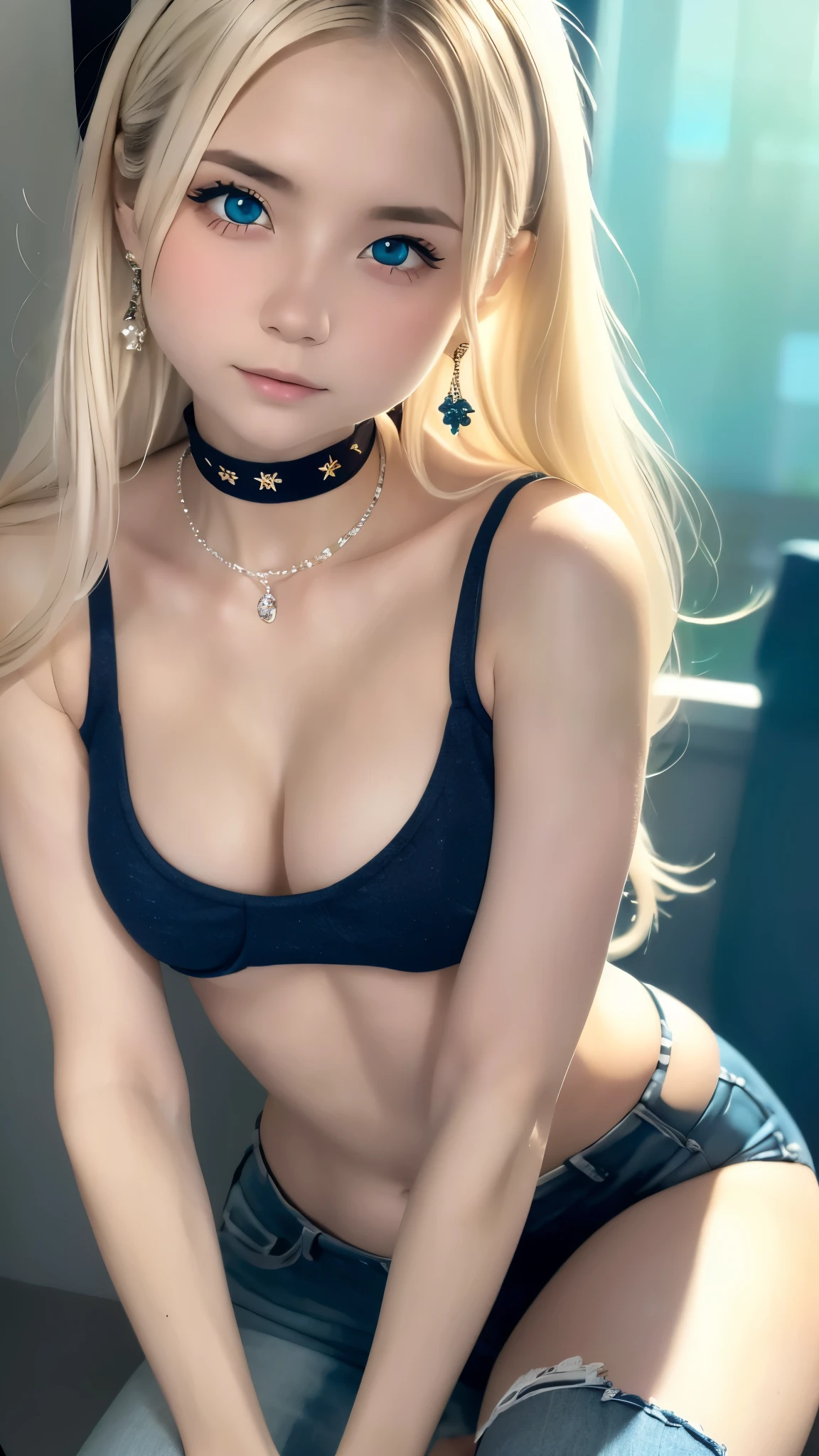 ((super high quality)), ((masterpiece)), gnome girl, low length, ((Blonde woman, Long Hair)), (Silver earrings), (Silver necklace around the neck), (Beautiful cute face), (Beautiful female lips), Charm, ((Sexy look)), Looking at the camera, eyes are slightly closed, (Skin color: white), Body glare, ((Beautiful female eye in detail)), ((Dark blue eyes)), (Juicy female lips), (Beautiful female hands), (slightly plump figure, good), ((Perfect female figure)), Perfect female body, Beautiful waist, Gorgeous Hips, Beautiful medium breasts, ((Delicate and beautiful)), Sit seductively in a chair (Face close-up), (Wearing black face jeans, white tanktop) background: In the kitchen ((Depth of written boundary)), ((High quality and clear images)), (Sharp details), ((Very detailed)), Realistic, Professional photography session, ((Clear focus)), anime