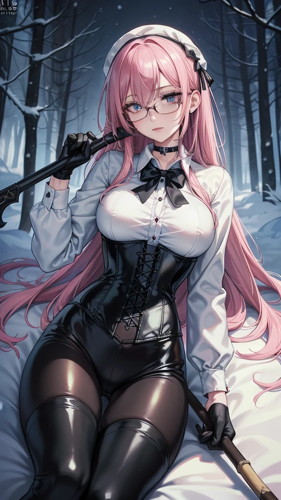 ((blood droplets)), ((blood)), ((blood splatter)), ((blood on clothes)), ((blood stain)), Masterpiece, Beautiful art, professional artist, 8k, art style by sciamano240, Very detailed face, Detailed clothing, detailed fabric, 1 girl, View from above, lying completely on the ground, perfectly drawn body, terrified expression, pale skin, beautiful face, long black fur, Blue eyes, very detailed eyes, pink cheeks, glasses, choker:1.6, (white collar button down long sleeve shirt), black gloves, gloves that cover hands, (holding an ax in his right hand), (black leather corset), (shiny black leggings), Sensual Lips , evening de invierno, show details in the eyes, looking at the viewer, Dark road, Snowy forest, evening, Atmosphere, snow