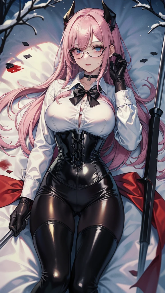 ((blood droplets)), ((blood)), ((blood splatter)), ((blood on clothes)), ((blood stain)), Masterpiece, Beautiful art, professional artist, 8k, art style by sciamano240, Very detailed face, Detailed clothing, detailed fabric, 1 girl, View from above, lying completely on the ground, perfectly drawn body, terrified expression, pale skin, beautiful face, long black fur, Blue eyes, very detailed eyes, pink cheeks, glasses, choker:1.6, (white collar button down long sleeve shirt), black gloves, gloves that cover hands, (holding an ax in his right hand), (black leather corset), (shiny black leggings), Sensual Lips , evening de invierno, show details in the eyes, looking at the viewer, Dark road, Snowy forest, evening, Atmosphere, snow