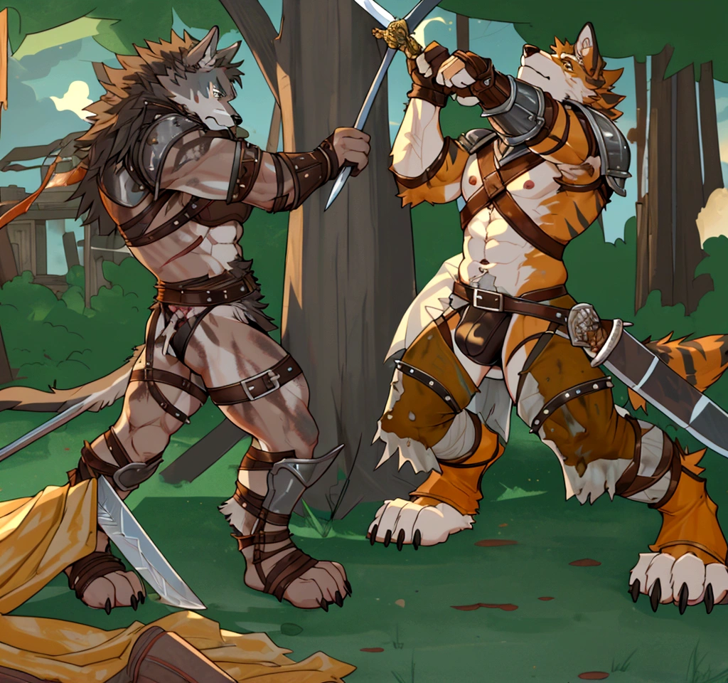 Solo Sexy young anthro furry wolf male mercenary medieval solider, slim endomorph muscular, anthro handsome gay shorter muzzle, handsome gay model male apperance, sword scars, worn out leather skimpy armament, low on hips heavy leather belt, old very worn out skimpy dirty linen material jockstrap, old yellow dirty worn out stains on white sawn jockstrap, very visible "x" brown seam pattern on the jockstrap, studded skimpy armlets breastplate armor, skimpy breastplate, leather bondages, fingerless leather gloves, smelly unwashed furr, dirty body look, desert battlefield, standing in sexy fighting position, close view of full character