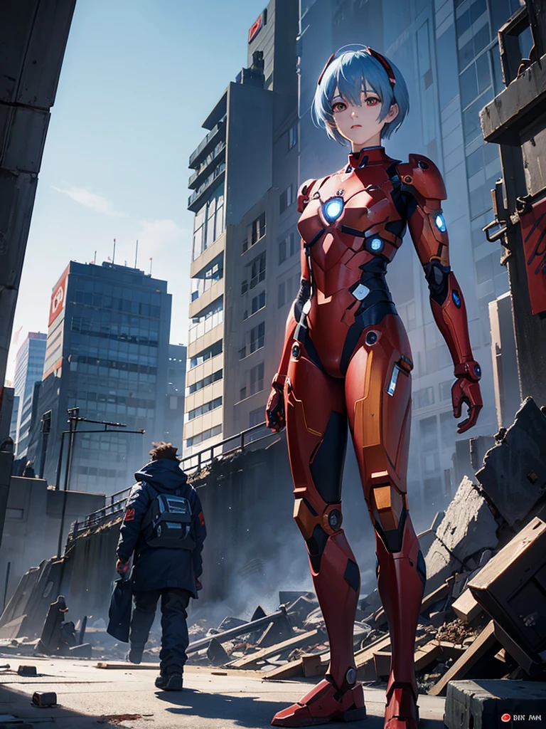 Rei Ayanami, blue fur, Red eyes, half destroyed iron man suit revealing body parts, city background throws rubble after a fight.