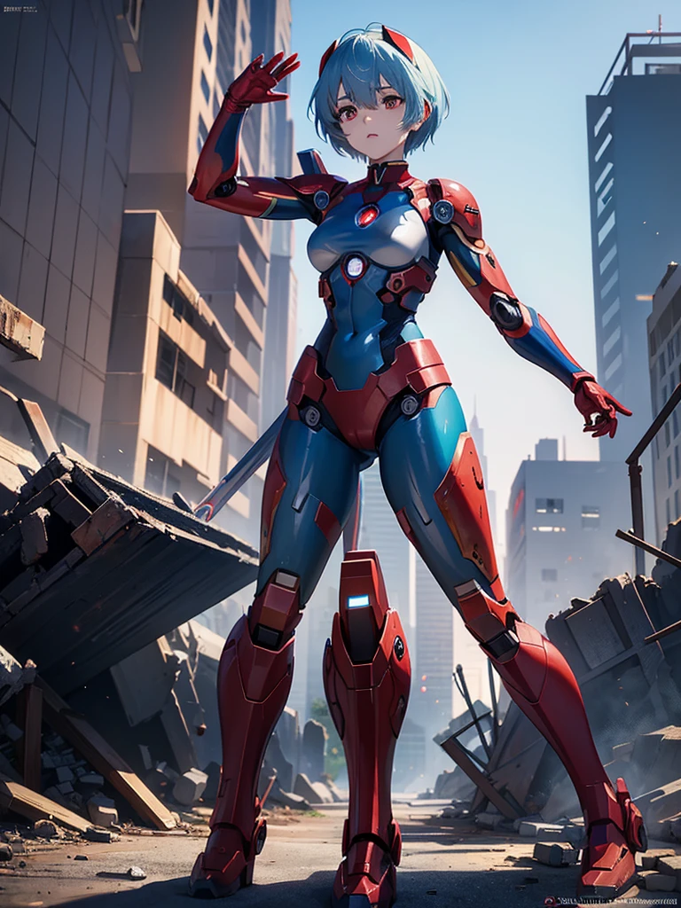 Rei Ayanami, blue fur, Red eyes, half destroyed iron man suit revealing body parts, city background throws rubble after a fight.
