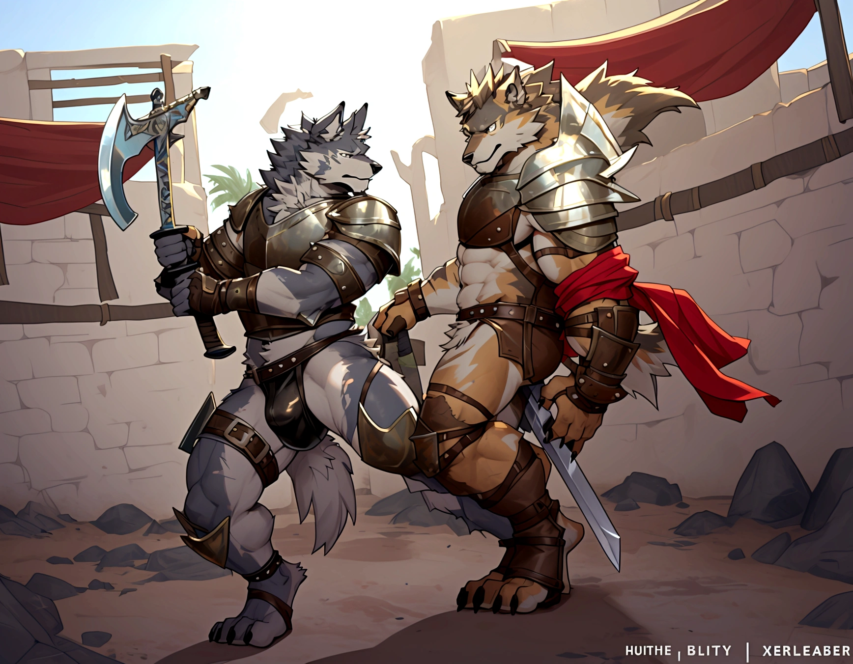 Solo Sexy young anthro furry wolf male mercenary medieval solider, slim endomorph muscular, anthro handsome gay shorter muzzle, handsome gay model male apperance, sword scars, worn out leather skimpy armament, low on hips heavy leather belt, old very worn out skimpy dirty linen material jockstrap, old yellow dirty worn out stains on white sawn jockstrap, very visible "x" brown seam pattern on the jockstrap, studded skimpy armlets breastplate armor, skimpy breastplate, leather bondages, fingerless leather gloves, smelly unwashed furr, dirty body look, desert battlefield, standing in sexy fighting position, close view of full character