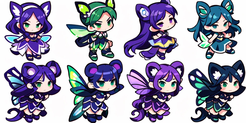 a close up of a cartoon character with different poses, spritesheet, sprite sheet, with familiar sprites, sprites, fairy girl, morgana, default pose neutral expression, twirling, sprite 2 d, shady, green fairy, smol, multiple poses, cute chibi, kawaii