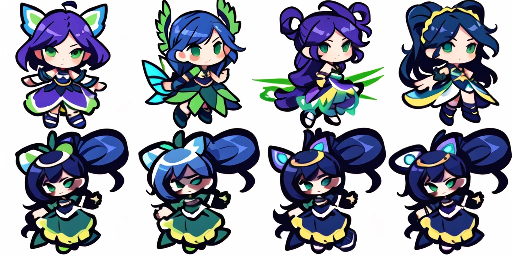 a close up of a cartoon character with different poses, spritesheet, sprite sheet, with familiar sprites, sprites, fairy girl, morgana, default pose neutral expression, twirling, sprite 2 d, shady, green fairy, smol, multiple poses, cute chibi, kawaii